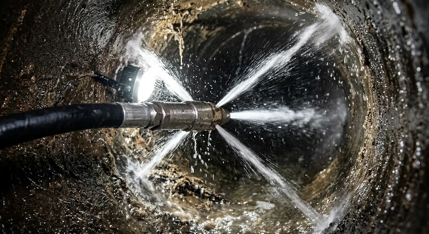 High-pressure hydro jetting nozzle cleaning sewer pipe for Trenchless Sewer Repair in Roy