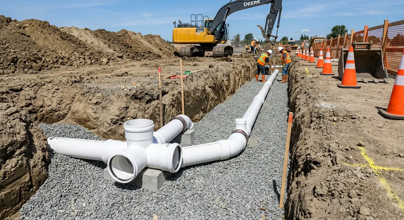 New PVC sewer pipe installation in open trench for Sewer Backup in Roy