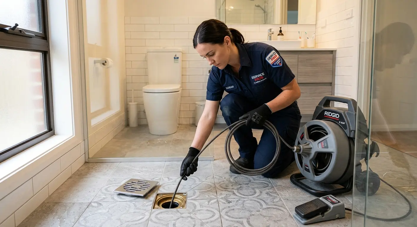 Technician clearing a bathroom floor drain for Sewer Line Replacement in Roy